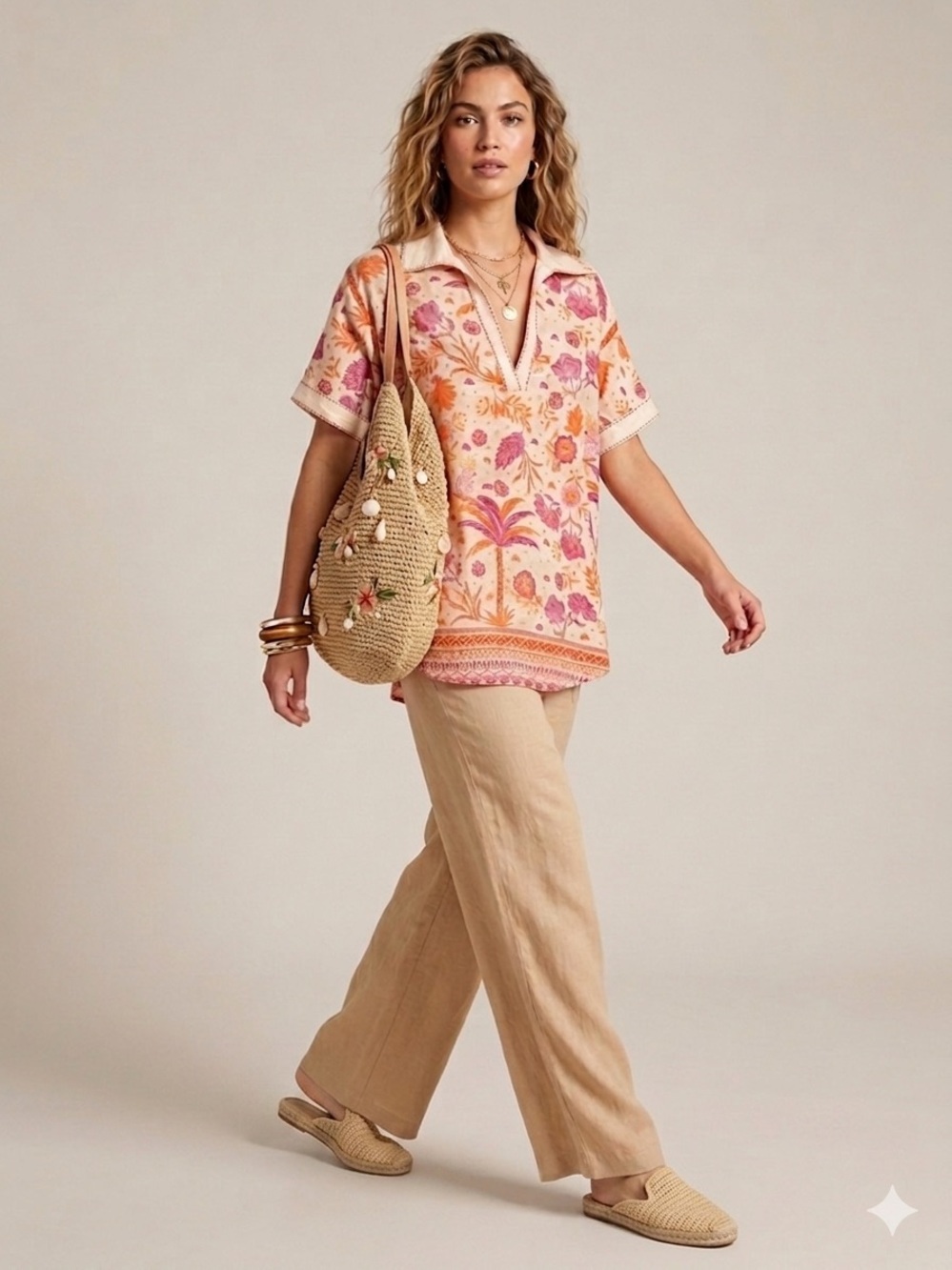 Haute Hippie Boho Tropical Cotton Lightweight Top Pink Orange Floral Resortwear
